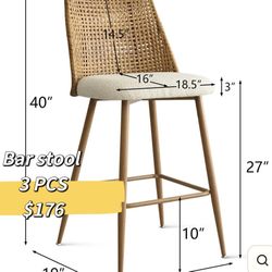 😀 3Pcs The Pop maison 26”Counter-Height Rattan Bar Stools,Boucle Fabric Upholstered Barstools with PE Rattan Cane Back, Bar Chairs Counter Stools