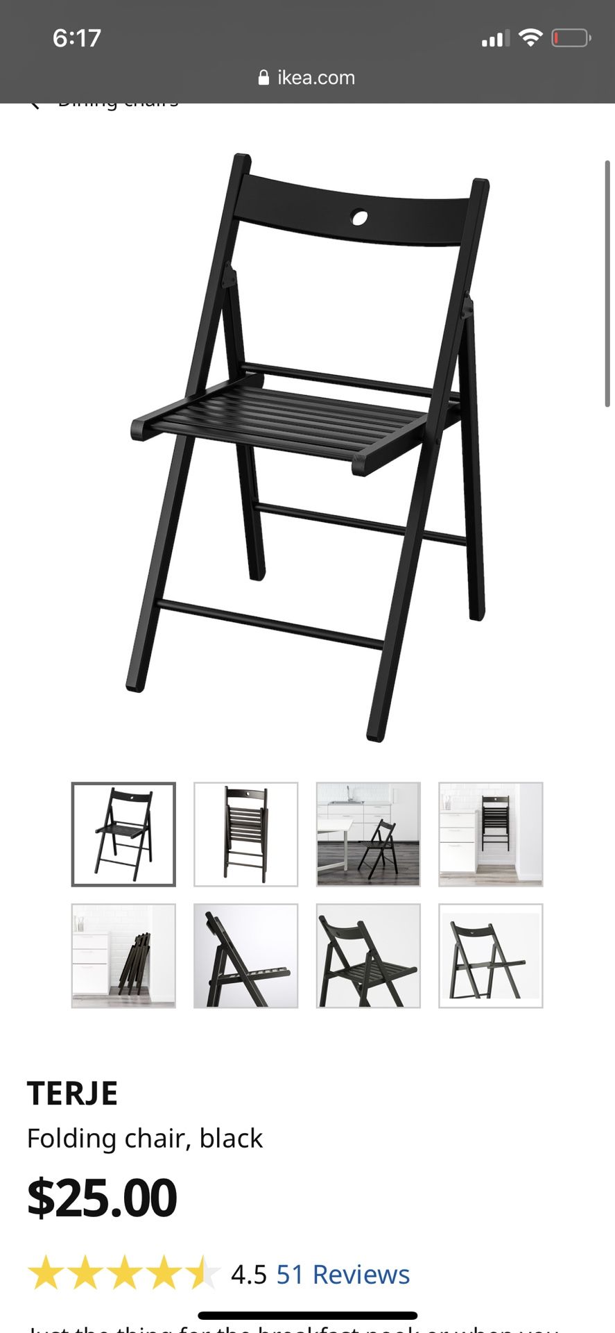 Pair of 2 black Ikea Terje folding chairs