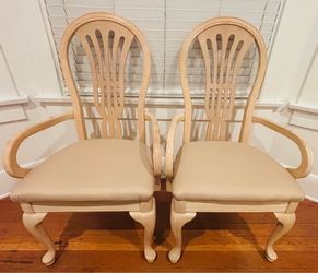 2 Upholstered Seat Arm Chairs Solid Wood Cream Beige Color Dining Living Room PAIR Bedroom Kitchen Hallway Bed Entryway Antique Shield Back HILLCREST