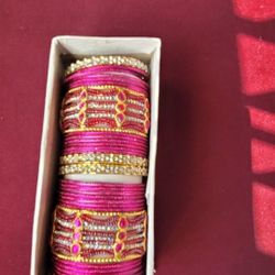 Beautiful metal with beads rhinstone bangle set hot pink color 