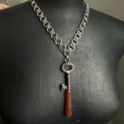 Antique Key Necklace With Carnelian And Chainmaille Chain Statement Antique Jewelry
