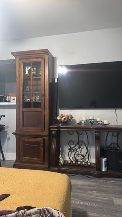 Solid Wood Wall Unit Entertainment Center with Display Cabinets & Table