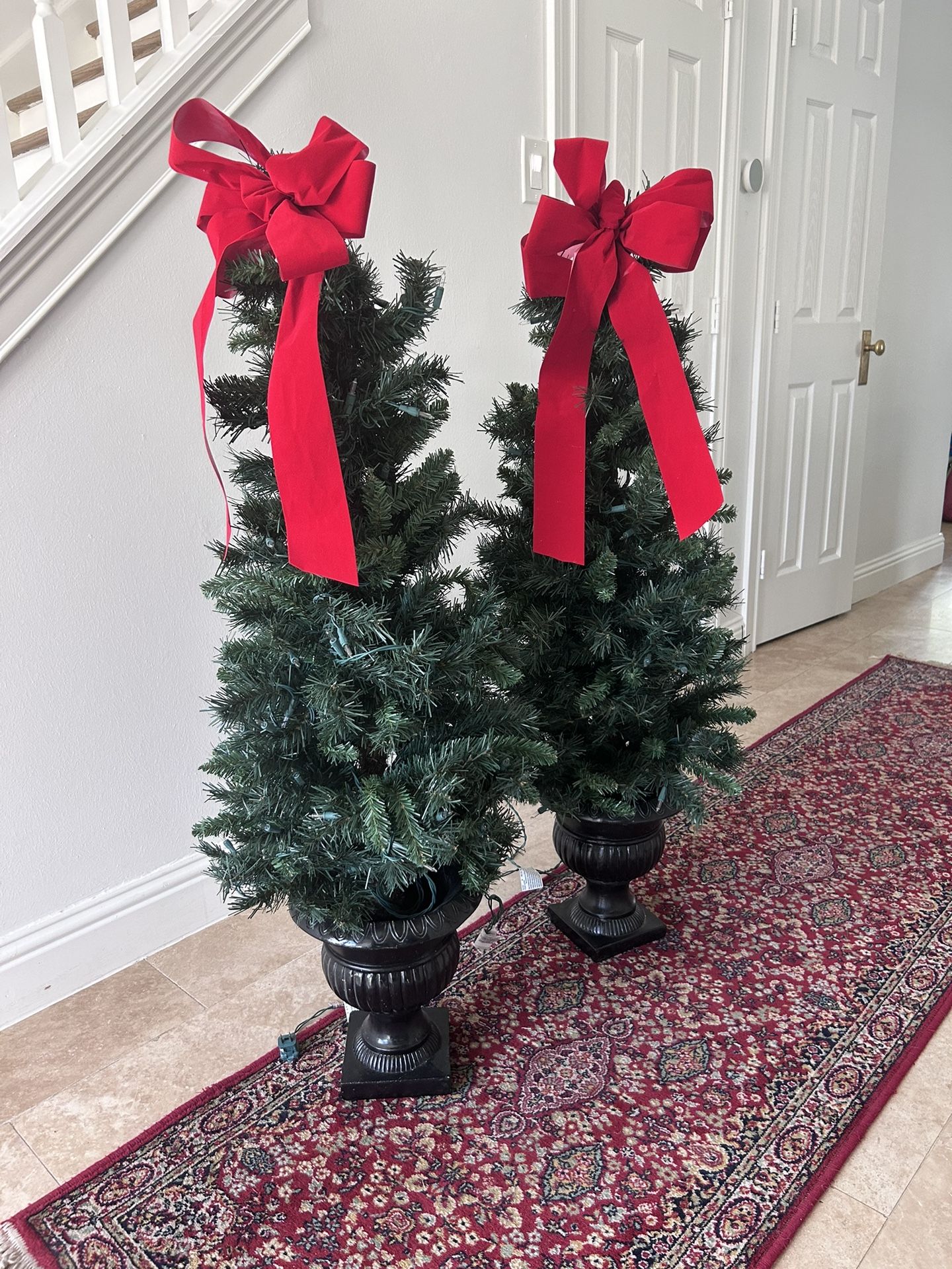 2 Gorgeous Pre-Lit Porch Pine Topiary Concrete Potted Christmas Trees, Clear Lights