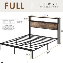 Full Bed Frame, Metal Platform Bed Frame Built in Charging Station & LED, Vintage Brown