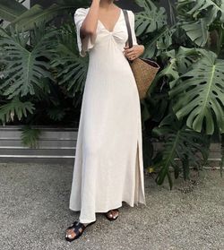 Shein Women's Cream Long Dress with Center-Front Twist Short Sleeves