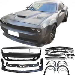 Dodge Challenger Hellcat widebody kit parts: fender flares, front grill & lip