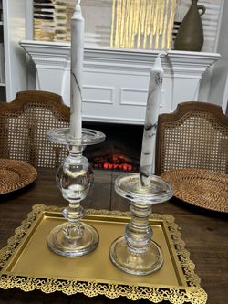 Two Beautiful Vintage Heavy Thick Glass Candle Stick Holders 