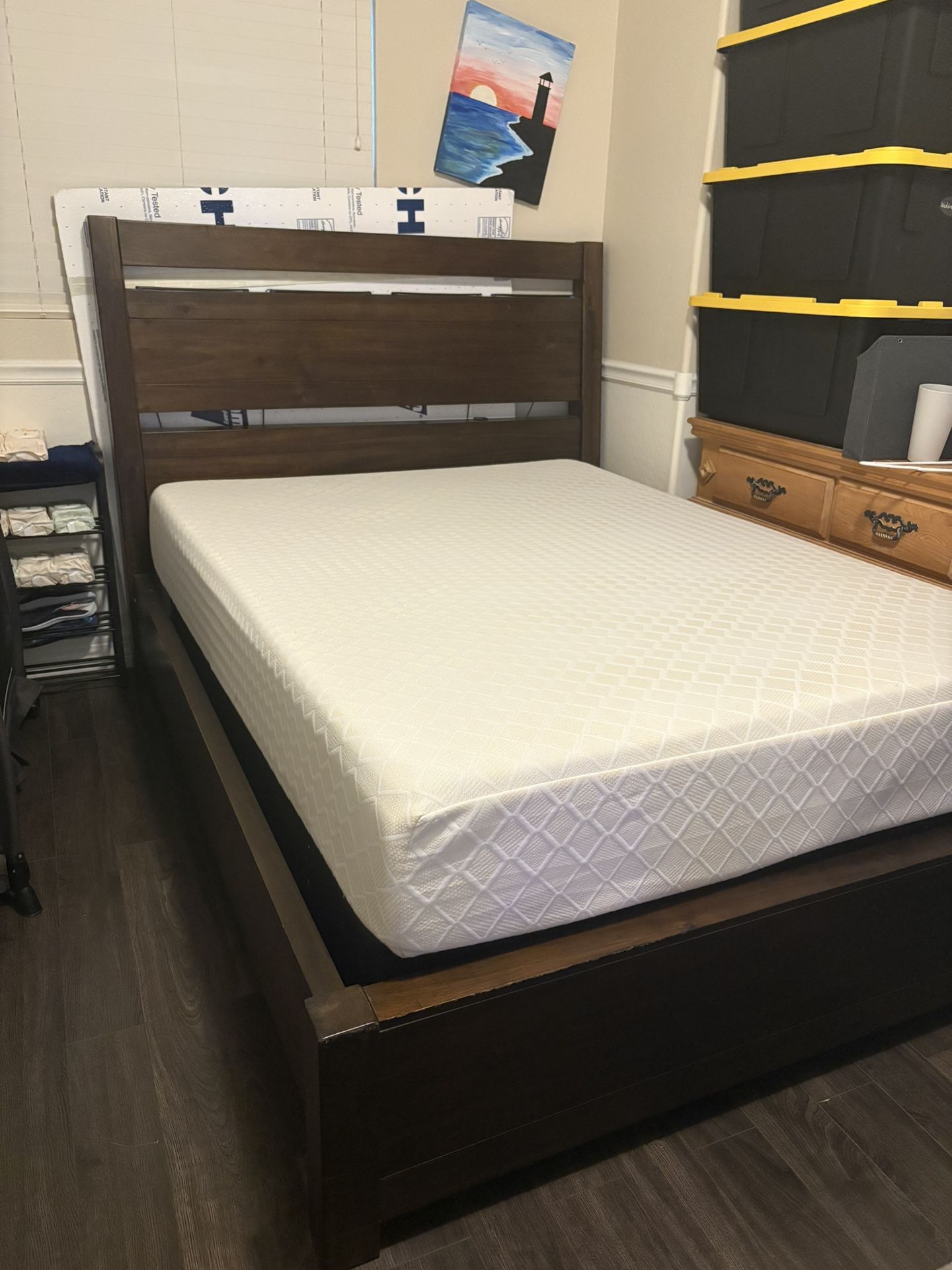 Queen Bed Frame, Mattress, And Box Spring