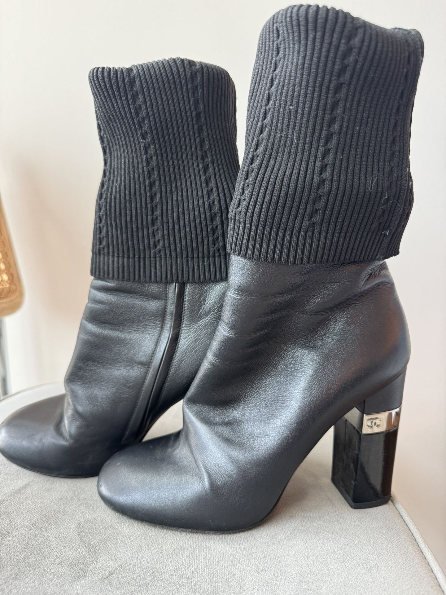 CHANEL black Leather Boot With Knit Sock