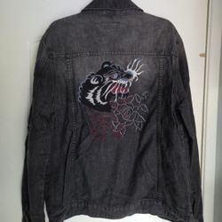 Men's Large Denim Trucker Panther Jacket New