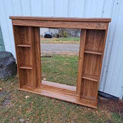 Large Wood Frame Vanity MIrror With Light & Side Shelves
