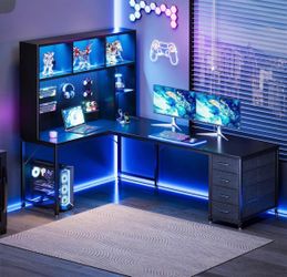 L Shaped Desk with 4 Drawers, 63 inch L Shaped Gaming Desk with Hutch，LED