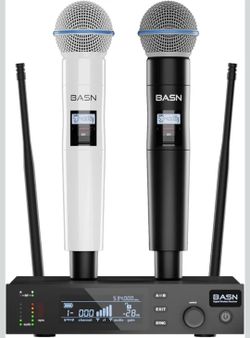 BASN UHF Dual Channel Wireless Microphone System, Handheld Mics for Stage, Karaoke, Weddings, DJ, and Events (Black & White