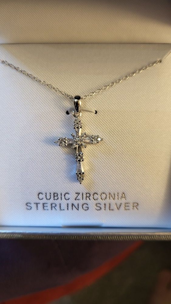 Cross Cubic Zirconia Sterling Silver Necklace
