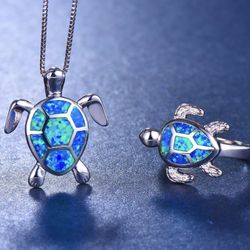 Blue Fire Opal Necklace Ring Set New