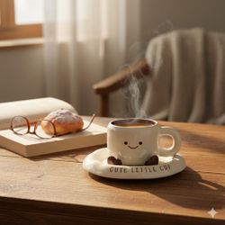 Cute Little Cup Ceramic Coffee Mug with Matching Saucer ☕🤍