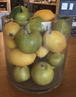 Kitchen/Home Decor - Lemons & Apples In Glass Decanter, Colorful & Lovely