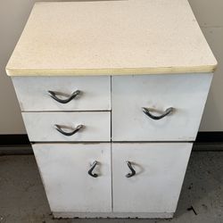 Vintage 1950’s Metal Cabinet With Drawers And Storage