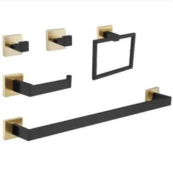 BWE
5-Piece Bath Hardware Set with Double Hooks Towel Ring Toilet Paper Holder and 24 in. Towel Bar in Black Gold
