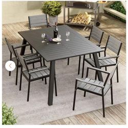 6 pcs chairs+57 in. Black Expandable Aluminum Outdoor Patio Dining Table