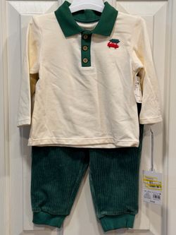 Cream & Forest Green Polo Top with Forest Green Corduroy Pants 6-9M