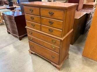 DIXIE Wooden 5 Drawer Tallboy Dresser with Aged Brass Swing Pulls