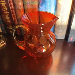 Hand Blown Orange Glass small Pitcher Clear Vase Jug 3.5 Inch. I am not sure but it may be Vintage 4” By 5”