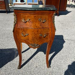 Vintage French Louis XV Marble Top Nightstand / Burl Wood Petite