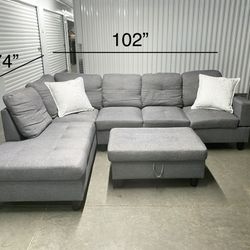 Delivery Available -Gray Sectional Sofa Left Facing Chaise with Storage Ottoman 