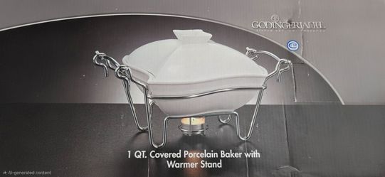 Godinger 1 QT Covered Porcelain Baker with Chrome Warmer Stand - White Chafing Dish
