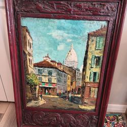Vintage real framed oil on canvas. France French village painting.
