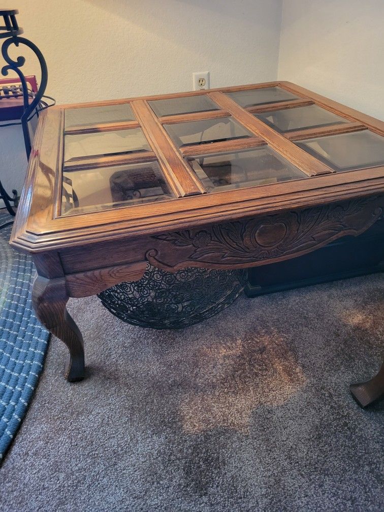 Wood antique/ vintage large coffee table glass panes