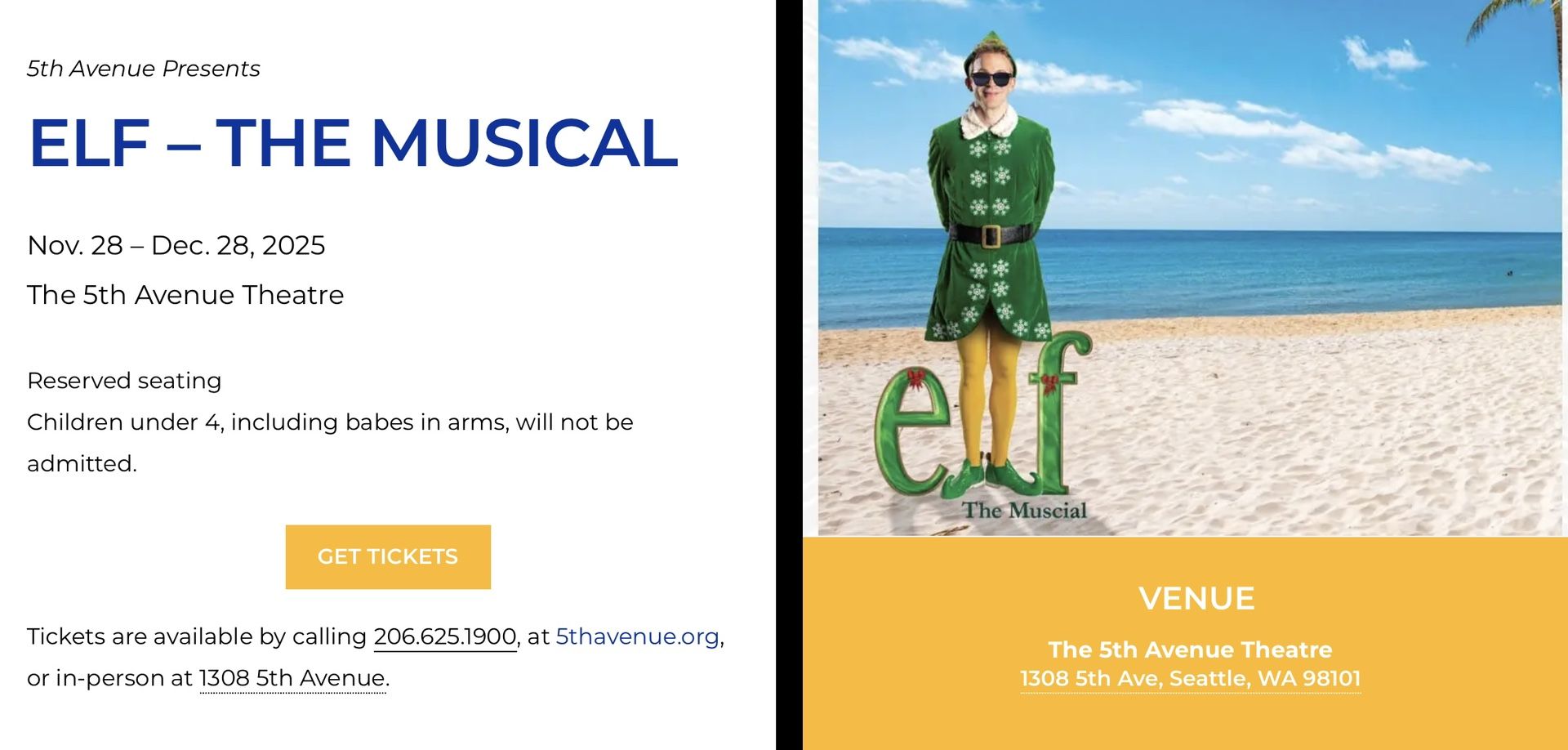 Discounted Seats For Elf The Musical, Saturday Matinee, Dec 6, 2025, Great Seats And FREE PARKING Included, Only $140 Total