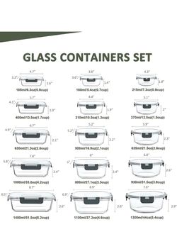 30 Pieces Glass Food Storage Containers Set with Lids, Gray Glass Meal Prep Containers Set, Snap Locking Lids, Airtight lunch Containers for Microwave