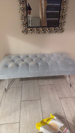 Elegant Light Blue Velvet Tufted Bench with Clear Acrylic Legs
