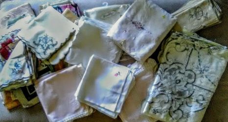 Assortment of Vintage table linens, lace doilies, kitchen towels and handkerchiefs