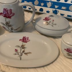 29 Piece Vintage Porcelain Glass Children’s Tea Set For 6, Made In Japan. Pretty Pink Rose Pattern