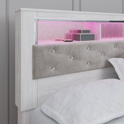 ☀️In Stock 💚FREE & Fast Delivery 🟣Altyra White LED Bookcase Upholstered Footboard Storage Platform Bedroom Set

