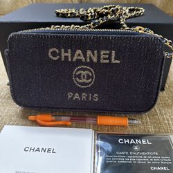 Aunthentic Chanel WOC Wallet On Chain In Fabric Blue And Gold Hardware