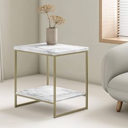  2-Tier Faux Marble Metal bracket End Table, Nightstand , Small Coffee Table