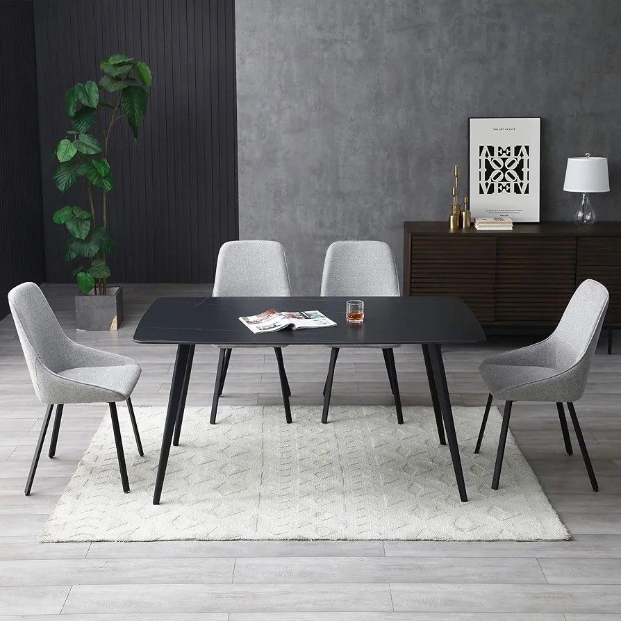 Heavy artificial stone dining table with black legs, rectangular ceramic dining table for 6, modern home dining table for restaurant, durable white ki