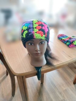 Handmade Crocheted Neon Womens Adjustable Headband/Warmer & Mittens