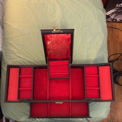 Vintage Black Leather And Red Velvet Interior Tiered Jewelry Box With Drawer