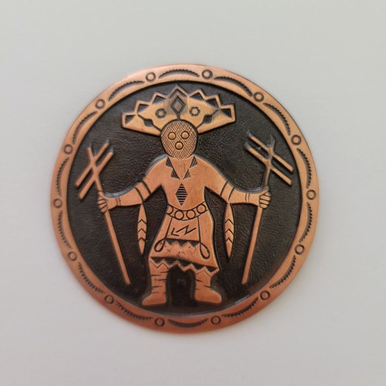 Vtg Copper Kachina Indian Warrior Brooch Pin South Western Round Unsigned 2"