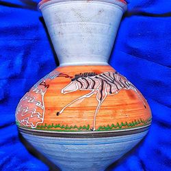 12" McM Asian Art Pottery Stoneware Vase Signed W Zebras BIG !