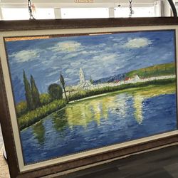 Large L. Garfield Impressionist Painting Village Reflecting On Lake 82”x58”