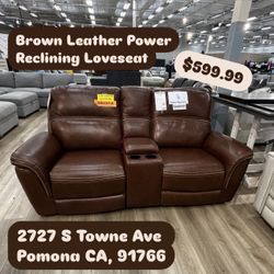 Brown Leather Power Reclining Loveseat 