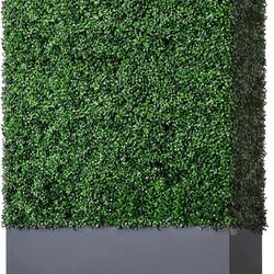 Artificial Boxwood Hedge Wall with Gray Color Stainless Steel Planter Box and Caster. Moveable Privacy Decorative Wall 48" W x12 D x 67"H