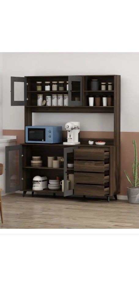 63 in. L Brown Wood Buffet Sideboard Pantry Cabinet with 4-Drawers, Hooks, Open Shelves, Doors for Kitchen Dining Room