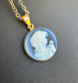 Jewelry 14k yellow gold agate cameo lady stone pendant chain necklace 16.00” 1.50mm